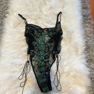 Black & Green Embroidered Bodysuit